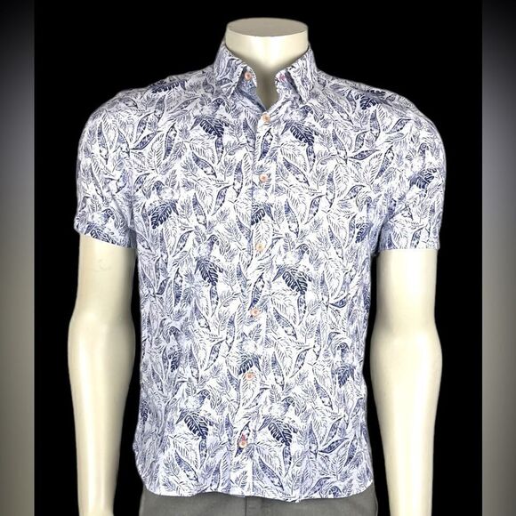 Ted Baker Short Sleeved Button Down in White w/Navy Palm Leaves Like New Size 4 - Picture 1 of 6